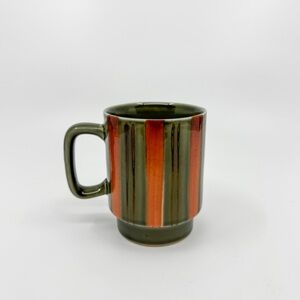 🍊SOLD🍊Vintage Japan Stoneware Olive Green w/ Orange & Bronze Stripes Coffee Mug